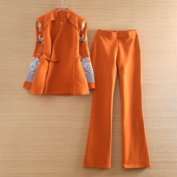Aukštos klasės Moterims Gėlių Moterims Nustatyti Derliaus Siuvinėjimo Krano Top Coat + Black/Orange Kelnės Elegantiška Panele Laisvalaikio Kostiumas Nustatyti, S-XXL