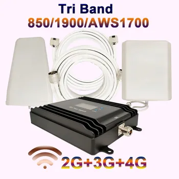 EasyBoost 850/1900/AWS1700Mhz 2G 3G 4G Kartotuvas Tri Band Signalo Stiprintuvas B2 B4 B5 Skaitmeninis LCD ekranas Pilnas Komplektas, Aprėptis Iki 800M2