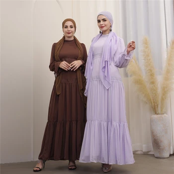 Ilga Suknelė Moterims Vasaros Vingiuoti Šifono Nėrinių Apdaila Musulmonų Abaja Dubajus Turk Islamas Drabužių Kuklus Skraiste Elegancija Vientisos Spalvos Suknelė