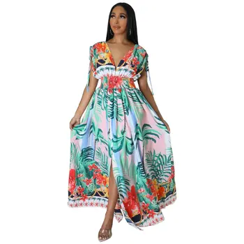 Ilgai Afrikos Suknelė Moterims Elastinga Juosmens V Kaklo Imperijos Skraiste Naujas Vasaros Gėlių Spausdinti Paplūdimio Atostogų Seksualus Afrikos Maxi Suknelė Vestidos