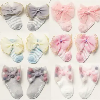Kojinės vasarą kojinės naujagimiui nuo 0 iki 24 mėnesių bowknot plonos medvilnės baby girl kojinės