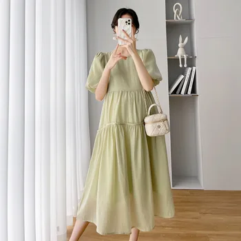 Korėjos Šifono Motinystės Suknelės Vasaros Drabužių Nėščioms Moterims, Atsitiktinis, Kietas O-Kaklo Sluoksniuotos Rankovėmis Elegantiškas Nėštumo Vestidos