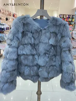 Nauja Versija Importuotų Fox Fur Short Long Sleeve Kailis Šiltas Kamšalu Striukė Vakarų Stiliaus Realių Kailiai, Oda, Kailiai, Madingi Lieknėjimo Kailis
