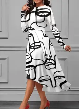 Pavasarį ir Vasarą Moterų Suknelė 2023 Naujas Mados Gatvė Netaisyklingos Apvalios Kaklo Elegantiškas Slim-Fit Spausdinimo Susiuvimo ilgomis Rankovėmis Suknelė