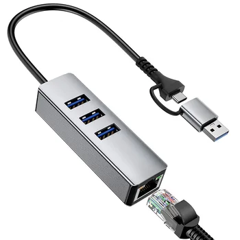 USB C multiport adapteris 4-in-1Type-C RJ45 Tinklo Multiport WALNEW USB C Hub su 3 USB 3.0 & a RJ45 Gigabit ethernet, T017